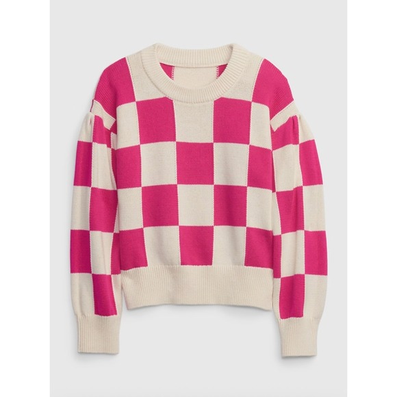Gap Kids Pink Cream Checkerboard Crewneck Sweater 100% Cotton Kids XL 12-13 - Picture 1 of 7